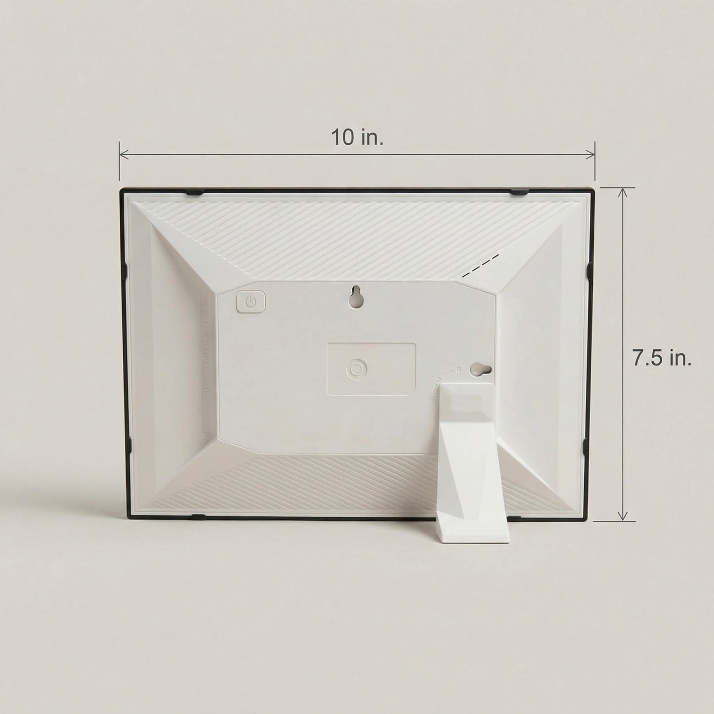 The minimalist white rear casing of a 10-inch cordless classic black Family Frame digital picture frame, highlighting its integrated kickstand and slim hardware profile. The durable construction of this battery-powered electronic photo frame provides perfect stability for proudly displaying memories on any flat surface without the clutter of power cables. This state-of-the-art HD digital photo display offers an elegant, wire-free aesthetic that enhances home decor while connecting separated families.