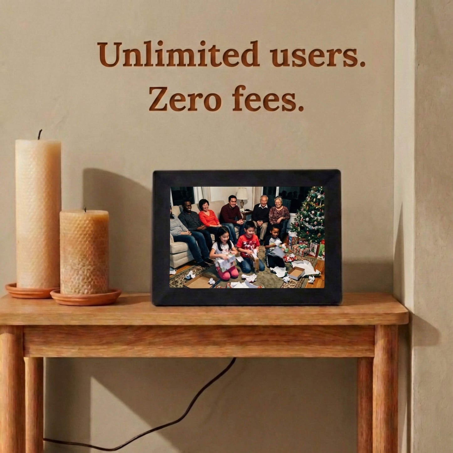 A 10-inch black Family Frame digital picture frame placed on a rustic side table beside textured decorative candles. Built to gather the whole family, this smart picture frame securely accepts instant photo uploads from an unlimited number of invited users around the globe. Operating entirely as a no subscription fee digital frame, it represents the most cost-effective way to maintain long-distance family connections over time.
