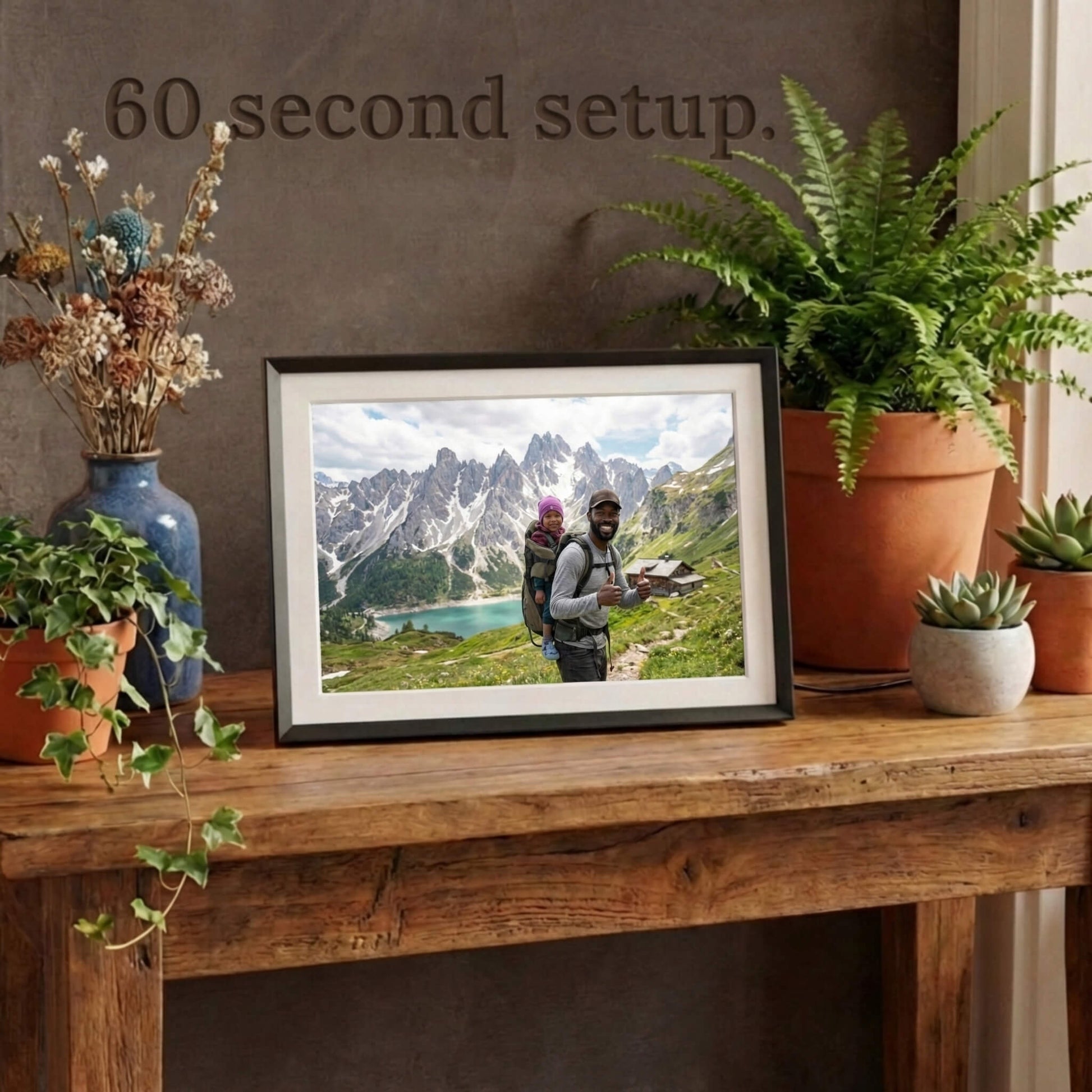 A 10-inch classic black Family Frame electronic photo frame framed by a white mat, displayed prominently on a rustic entryway table surrounded by plants. Prioritizing accessibility, this intuitive smart picture frame boasts a frictionless, easy 60-second WiFi setup process that anyone can master. This no subscription fee digital frame ensures immediate and uninterrupted photo sharing for families of all technical backgrounds.
