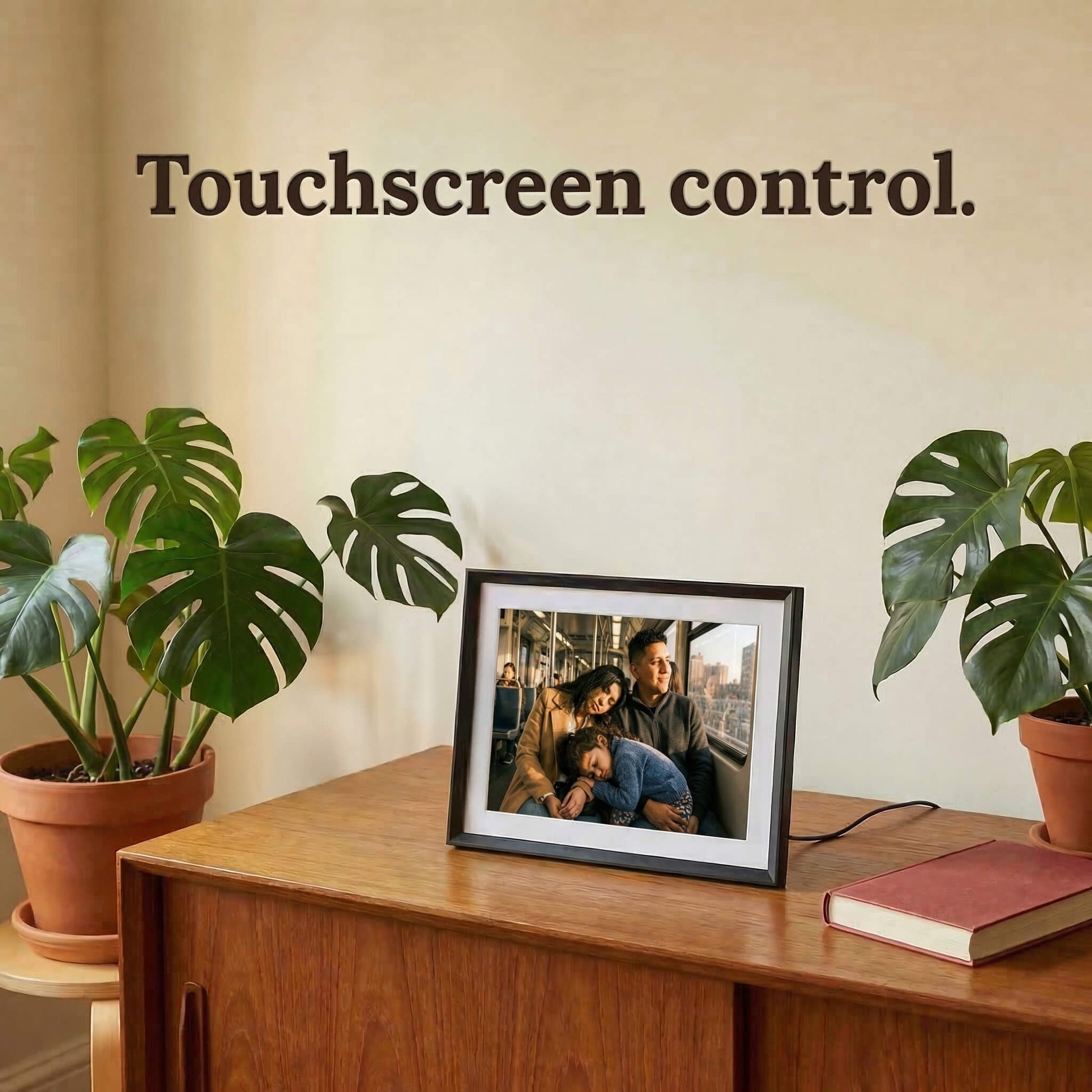 A 10-inch classic black Family Frame photo sharing frame featuring a classic white mat, resting on a vintage mid-century modern cabinet. This high-end WiFi photo frame provides an effortless user experience through a highly responsive, intuitive touchscreen control interface. Recognized as an ideal long-distance family gift, it offers unlimited users the ability to send and curate daily photo updates completely free of subscription charges.
