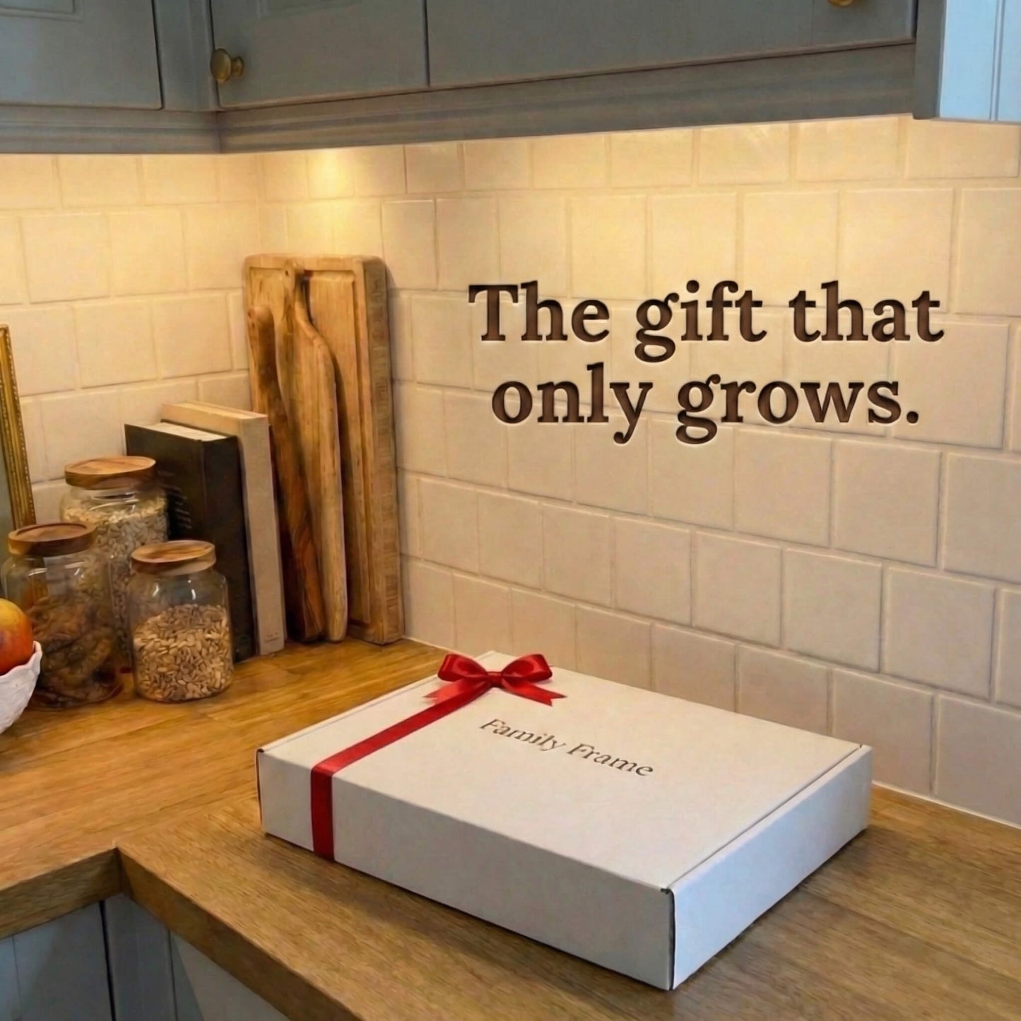 A 10-inch classic black Family Frame smart picture frame packaged elegantly in a white gift box with a red bow, sitting on a sunlit wooden kitchen counter. Perfectly presented as a luxury long-distance family gift, this beautifully boxed WiFi photo frame is built to foster daily emotional connections. The premium electronic photo frame serves as a continuous digital memory display, updating effortlessly through its dedicated secure application.

