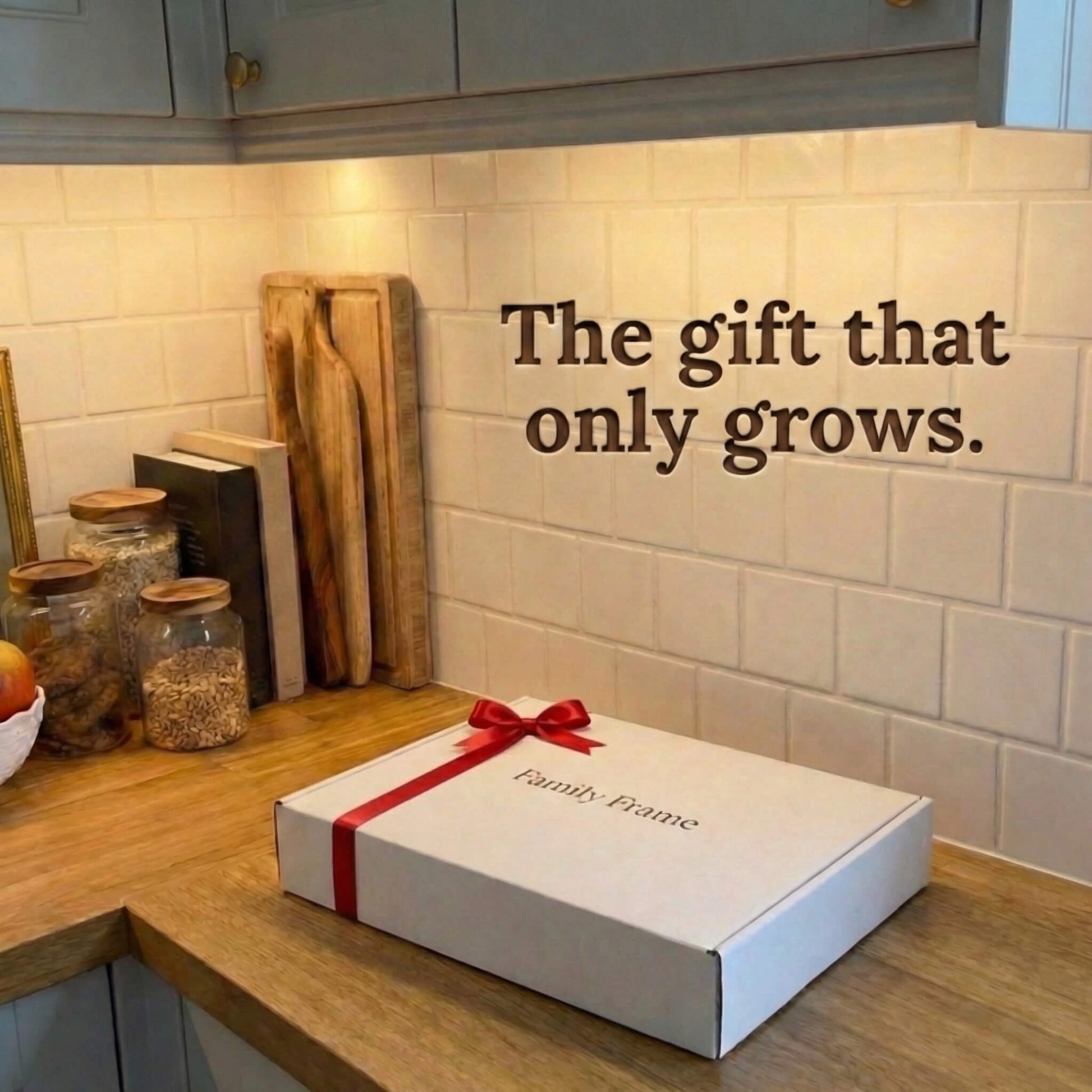 A 10-inch classic black Family Frame smart picture frame packaged elegantly in a white gift box with a red bow, sitting on a sunlit wooden kitchen counter. Perfectly presented as a luxury long-distance family gift, this beautifully boxed WiFi photo frame is built to foster daily emotional connections. The premium electronic photo frame serves as a continuous digital memory display, updating effortlessly through its dedicated secure application.
