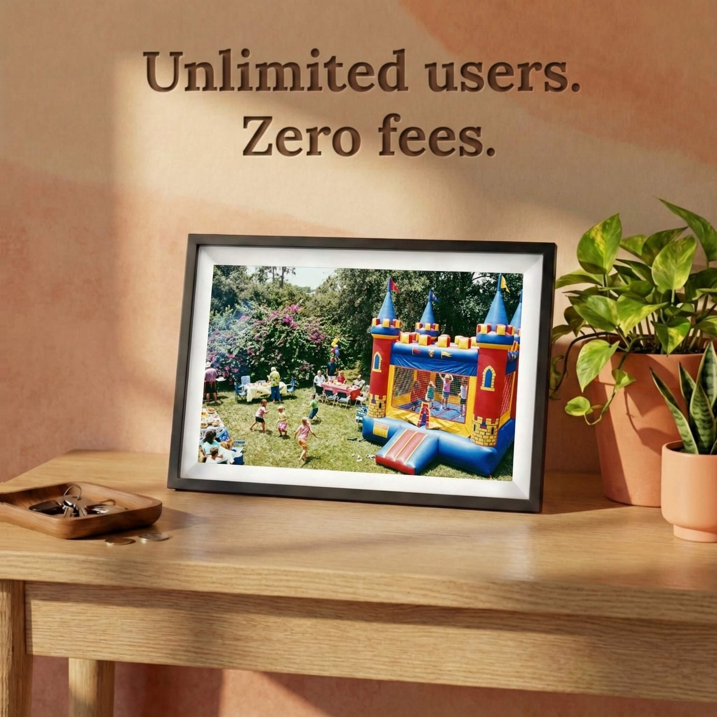 A 10-inch cordless classic black Family Frame digital picture frame with a clean white mat placed on a sunlit wooden desk. Built to gather the whole family, this battery-operated smart picture frame securely accepts photo uploads from an unlimited number of invited users around the globe. Operating entirely as a no subscription fee digital frame, it represents the most cost-effective way to maintain long-distance family connections over time.
