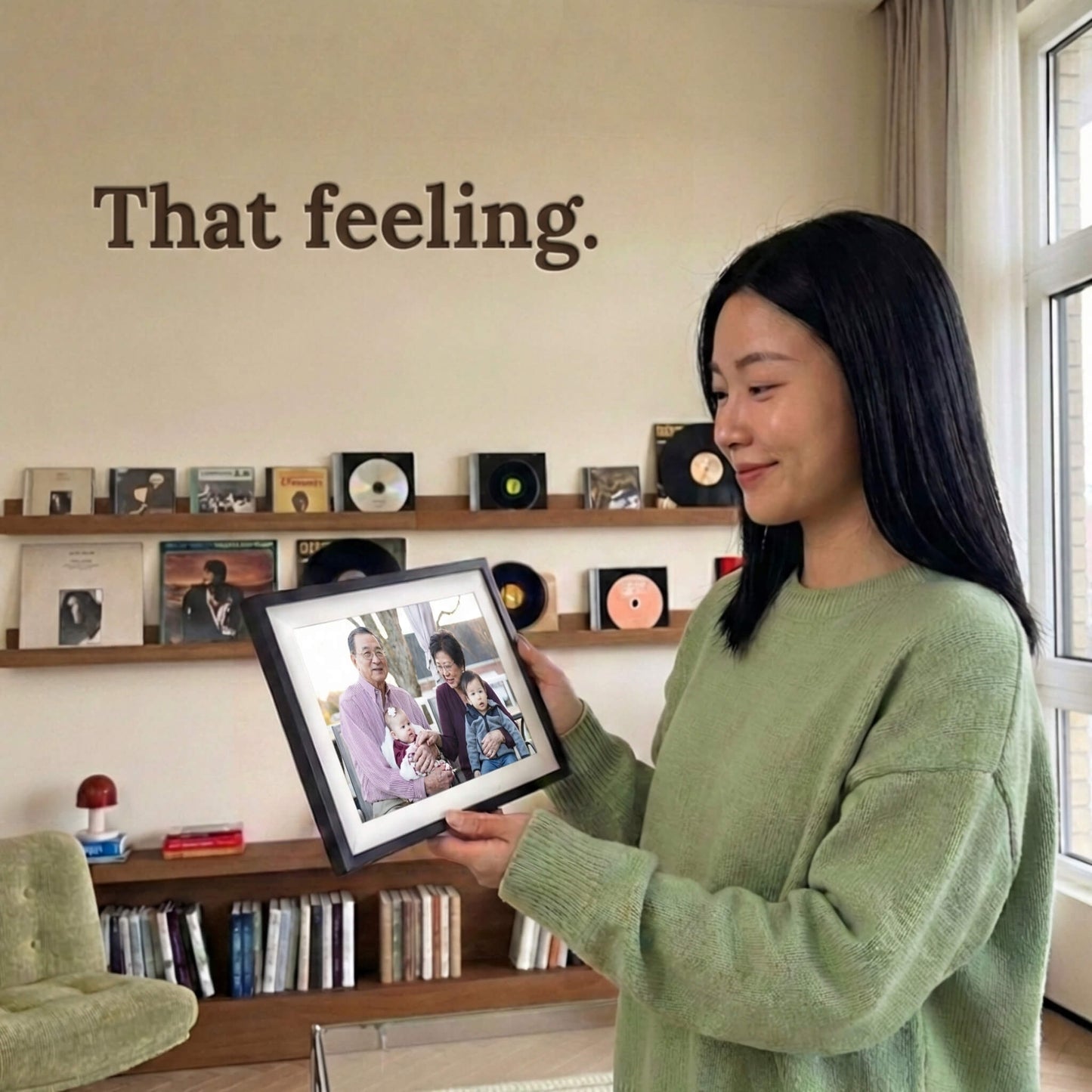 A 10-inch cordless classic black Family Frame WiFi photo frame with a white mat being held by a user in a comfortable living room setting. Engineered specifically as a heartwarming long-distance family gift, this wire-free smart picture frame instantly receives new photos from loved ones living far away. It functions as a powerful digital memory display to consistently spark joy and combat loneliness through shared experiences without the constraint of power cords.
