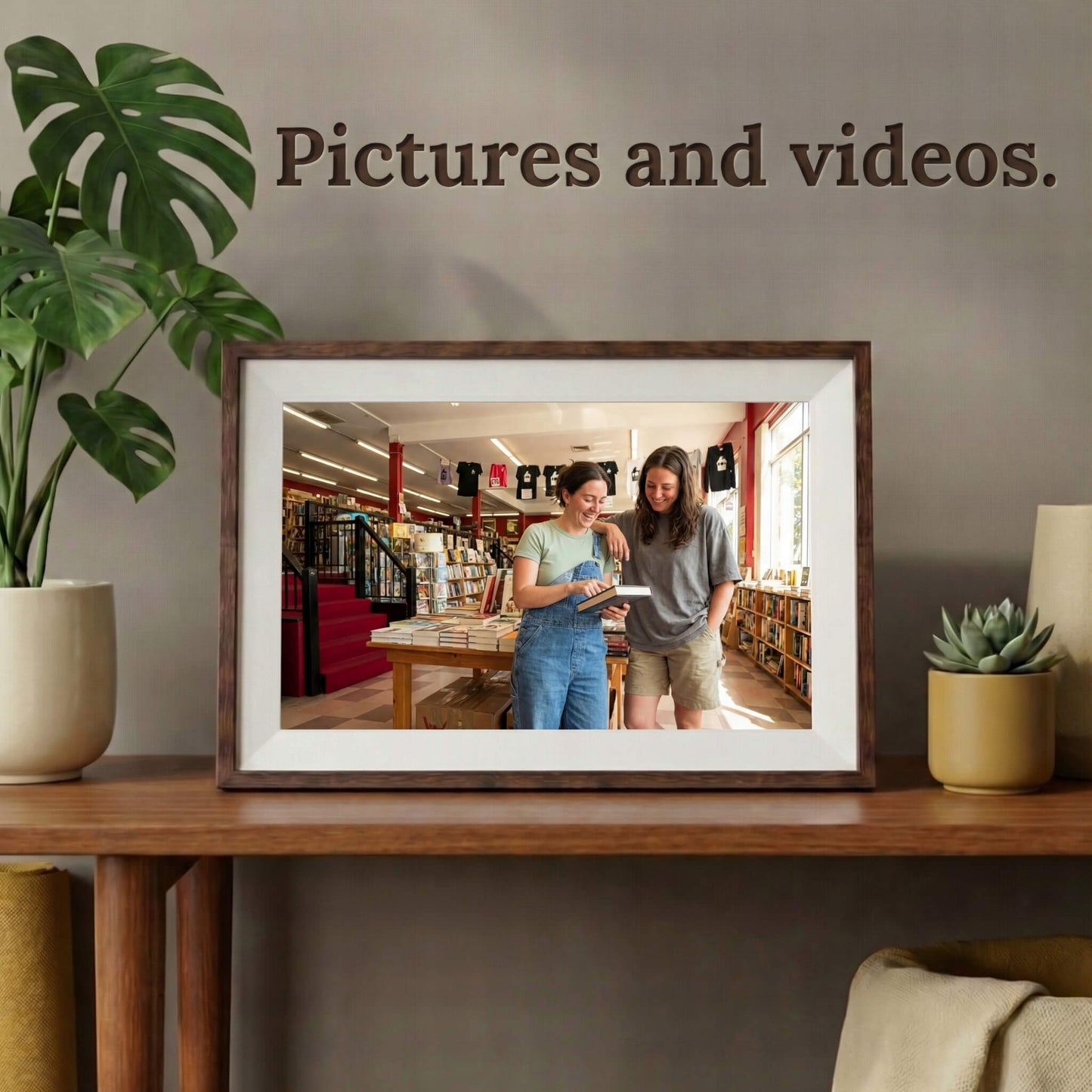 A 10-inch cordless mocha wood Family Frame digital memory display with an elegant white mat sitting comfortably on a mid-century modern console table. Equipped with advanced processing, this premium cordless digital picture frame seamlessly handles both high-definition photo and video playback to capture full memories. The robust photo sharing frame allows distant relatives to securely send video messages directly to the living room display.
