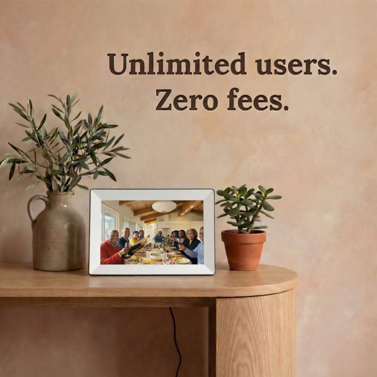 A 10-inch white Family Frame digital picture frame displayed on a hallway table surrounded by rustic ceramic vases. Designed to unite entire family networks, this smart picture frame supports an unlimited number of users securely uploading images from their smartphones. This completely no subscription fee digital frame guarantees a lifetime of free photo sharing and private connection for long-distance relatives.

