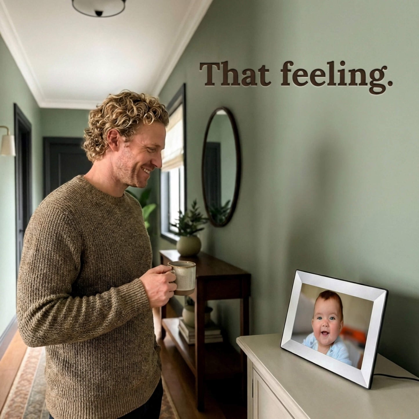 A 10-inch white Family Frame WiFi photo frame placed on an entryway console table in a brightly lit room. This easy setup smart frame triggers moments of unexpected joy by receiving fresh photos instantly from friends and family anywhere in the world. As a premium long-distance family gift, it provides a secure, private photo sharing experience with no hidden costs.
