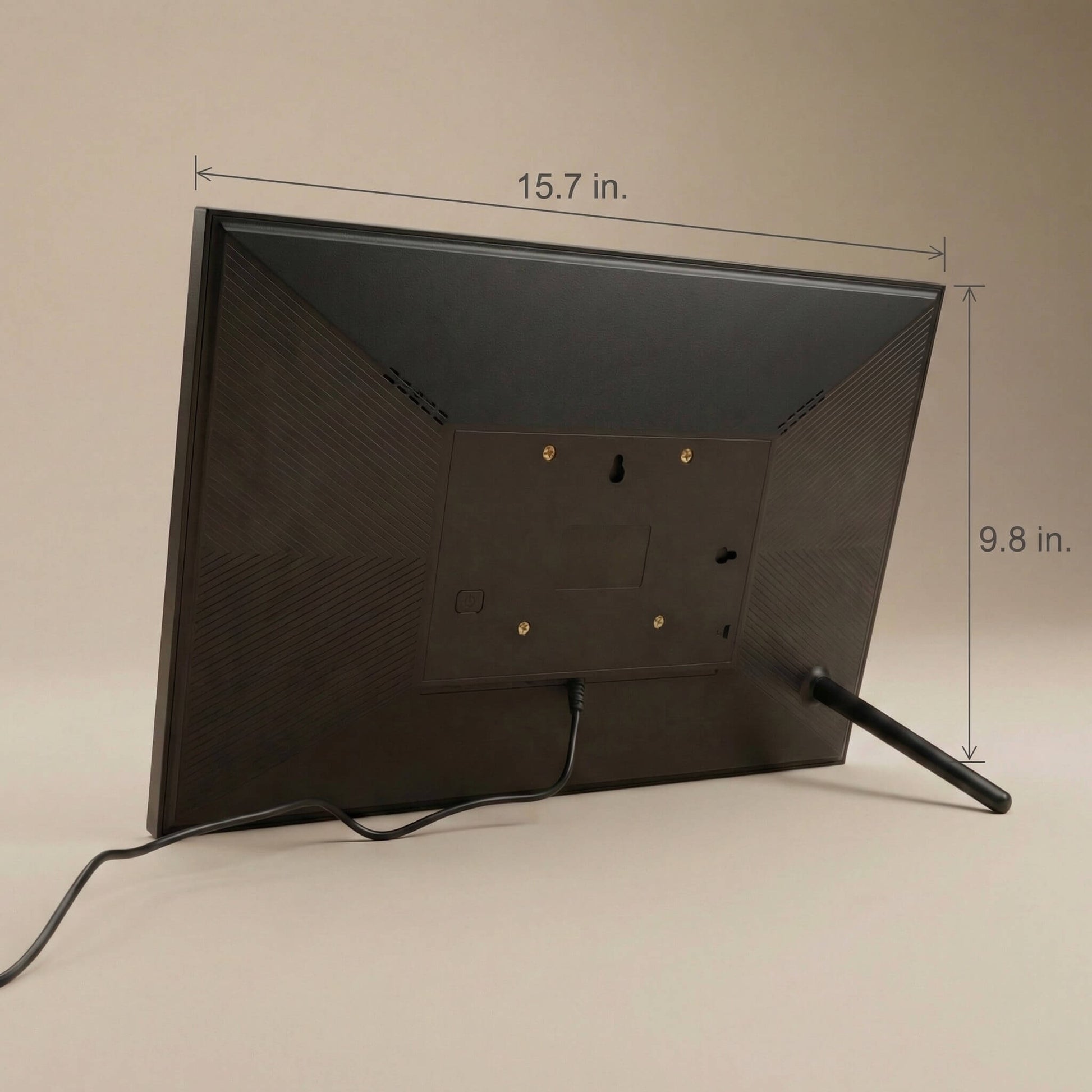 The sleek matte back of a 16-inch black Family Frame digital picture frame, demonstrating its clean hardware dimensions and durable built-in kickstand. The engineered design of this electronic photo frame provides perfect stability for proudly displaying memories on any flat surface. This state-of-the-art HD digital photo display offers an elegant aesthetic that enhances home decor while connecting separated families.
