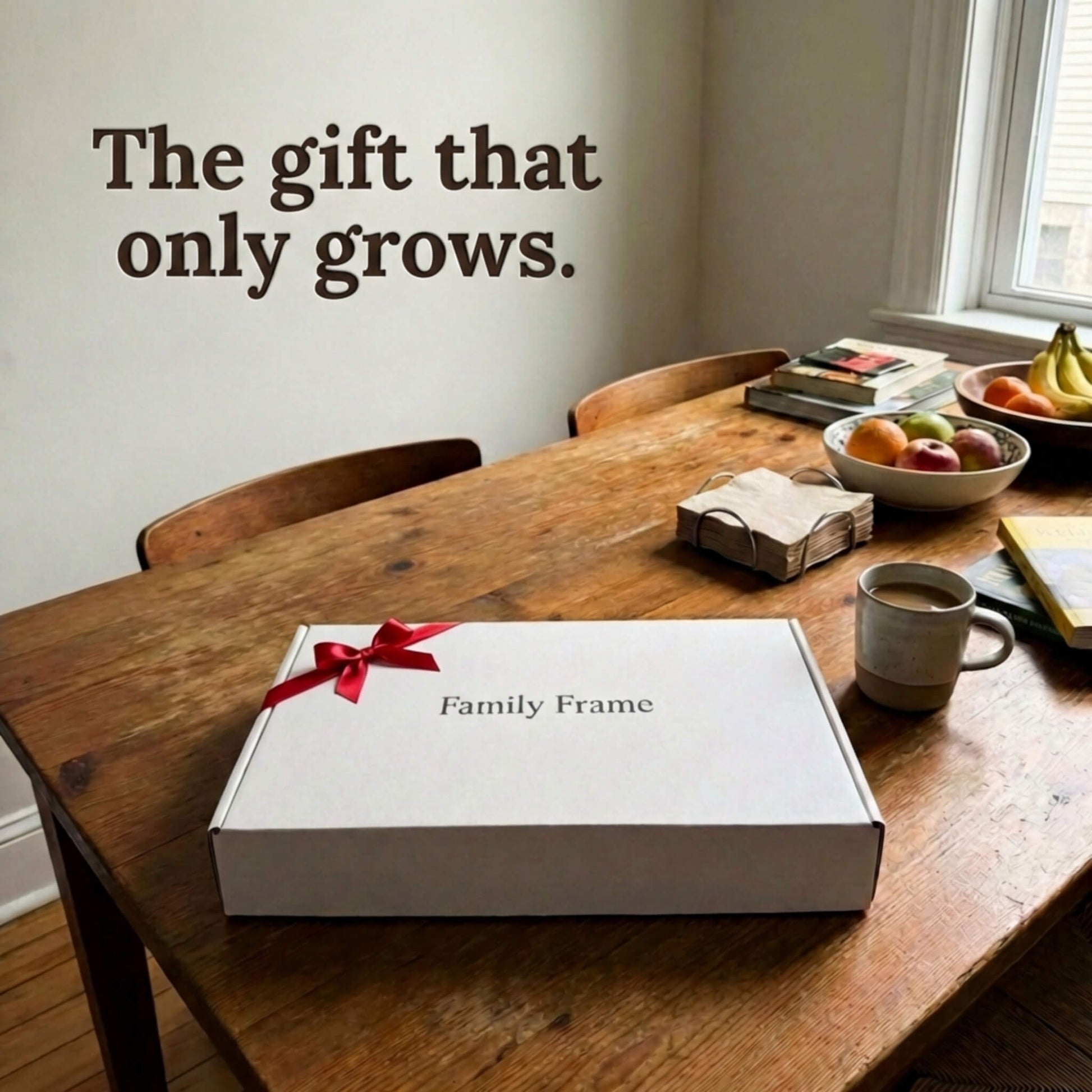 A 16-inch black Family Frame smart picture frame packaged elegantly in a white gift box with a red bow, sitting on a rustic dining table. Perfectly presented as a luxury long-distance family gift, this beautifully boxed WiFi photo frame is built to foster daily emotional connections. The premium electronic photo frame serves as a continuous digital memory display, updating effortlessly through its dedicated secure application.
