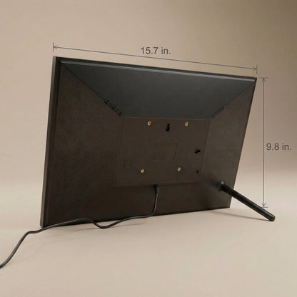 The matte black rear profile of a 16-inch studio black Family Frame digital picture frame, demonstrating its sleek hardware dimensions and sturdy built-in kickstand. The engineered design of this electronic photo frame ensures perfect stability for proudly displaying memories on any flat surface. This premium HD digital photo display seamlessly integrates into home decor while reliably connecting separated families.
