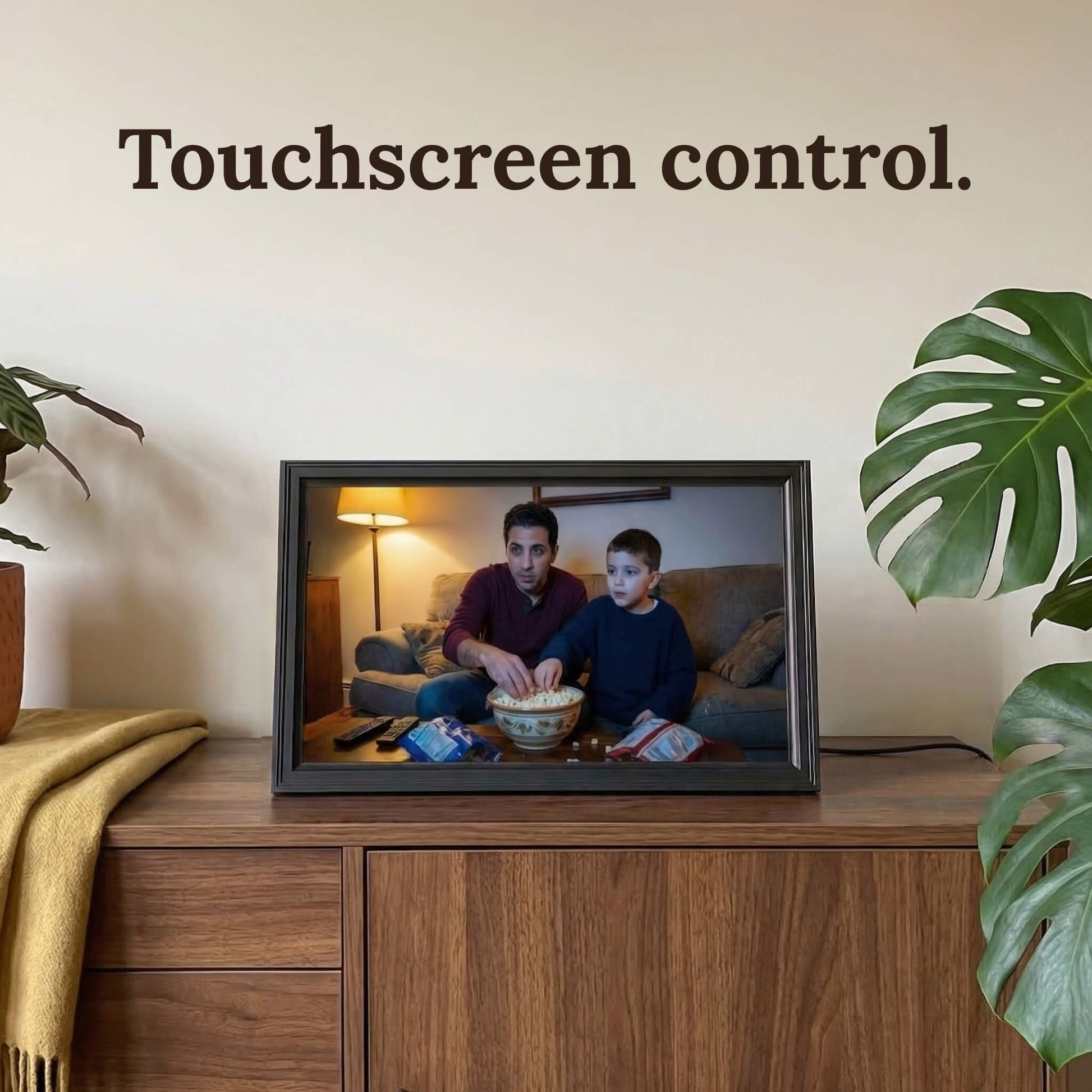 A 16-inch studio black Family Frame photo sharing frame displayed on a modern wooden cabinet surrounded by green foliage. This premium WiFi photo frame includes highly responsive touchscreen control, allowing users to effortlessly swipe through galleries and manage their favorite family moments. Recognized as an ideal long-distance family gift, the digital display requires absolutely zero subscription fees to operate.
