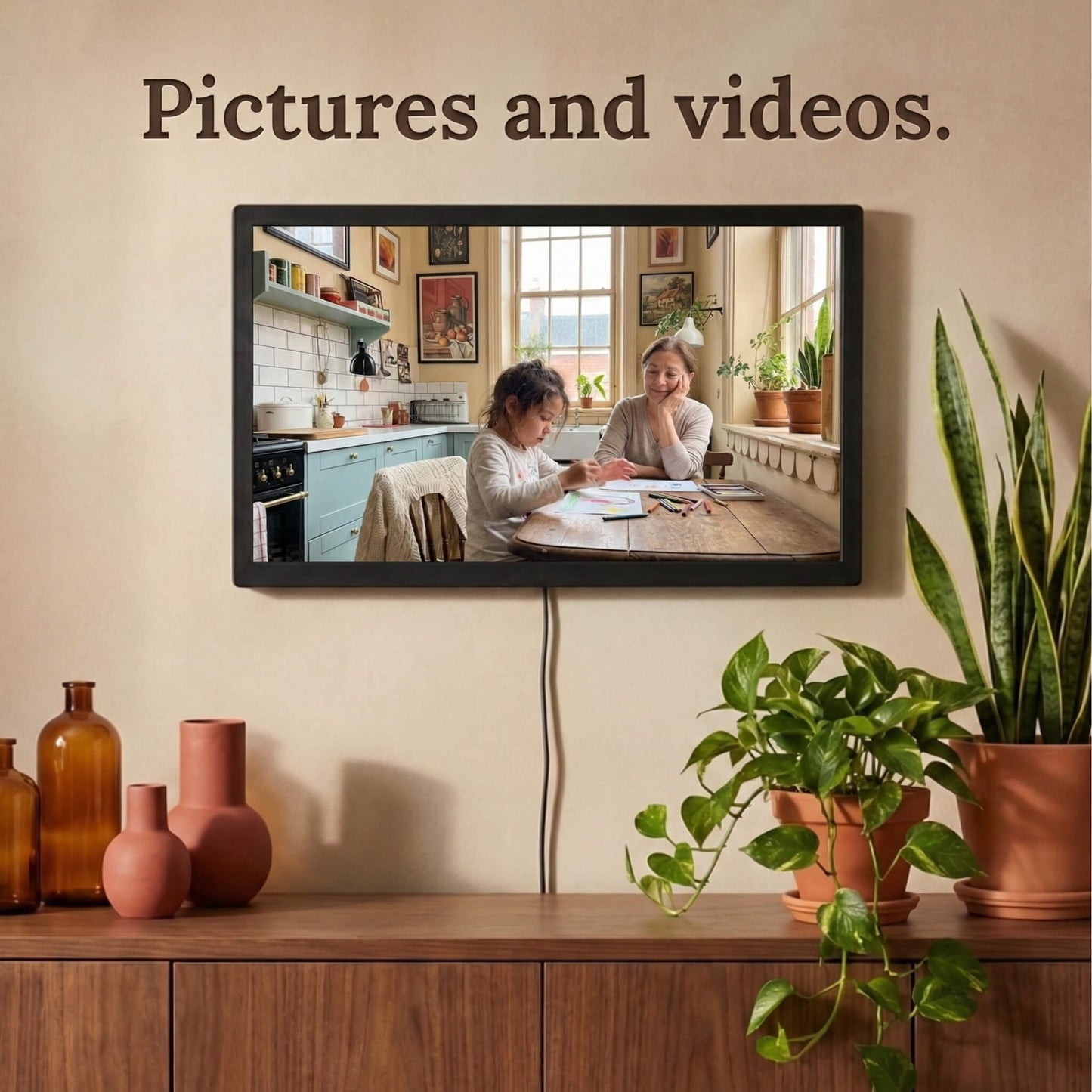 A horizontally mounted 20-inch black Family Frame digital memory display positioned above a warm wooden dining cabinet. Equipped with advanced processing, this premium digital picture frame flawlessly handles both high-definition photo and video playback to capture full, immersive memories. The robust photo sharing frame allows distant relatives to securely send video messages directly to the heart of the home.
