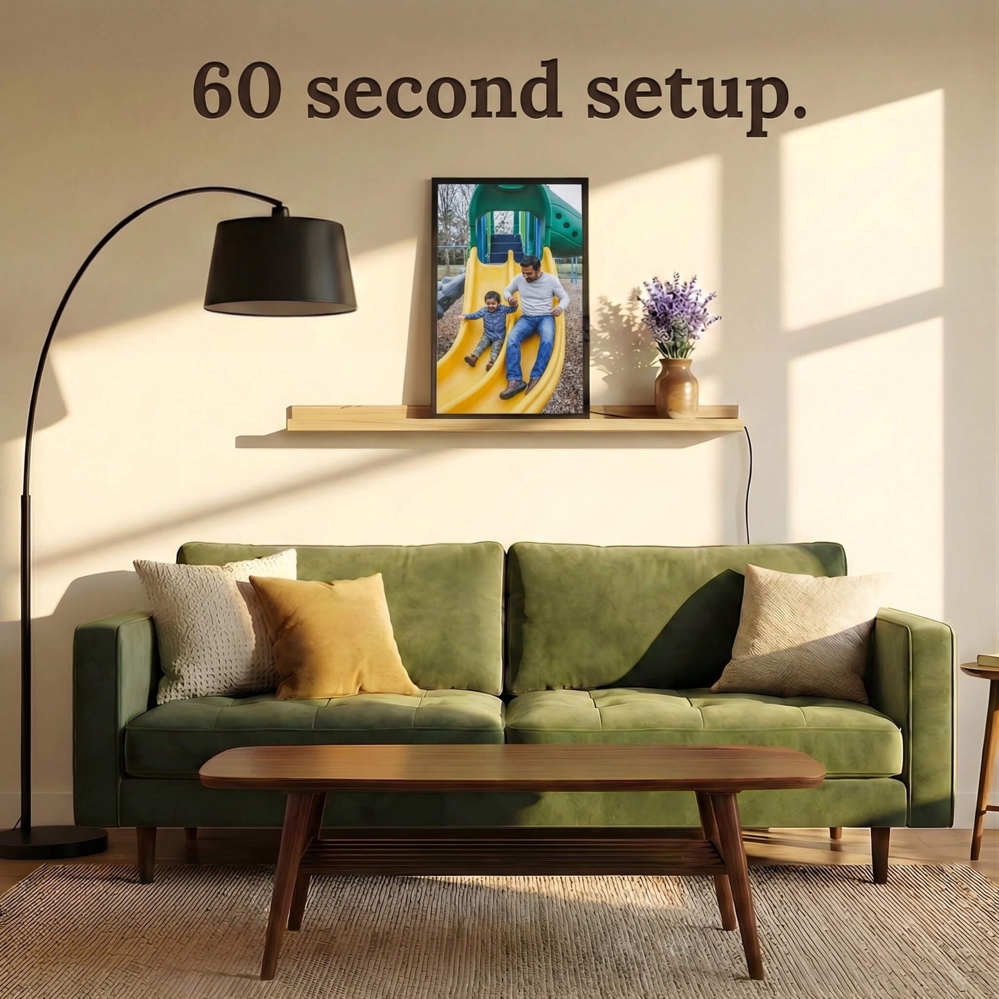 A 20-inch black Family Frame electronic photo frame mounted securely above a vibrant green sofa in a sunlit living room. Prioritizing accessibility, this impressive smart picture frame boasts a frictionless, easy 60-second WiFi setup process using the included remote control. This no subscription fee digital frame ensures immediate and uninterrupted photo sharing for families of all technical backgrounds.
