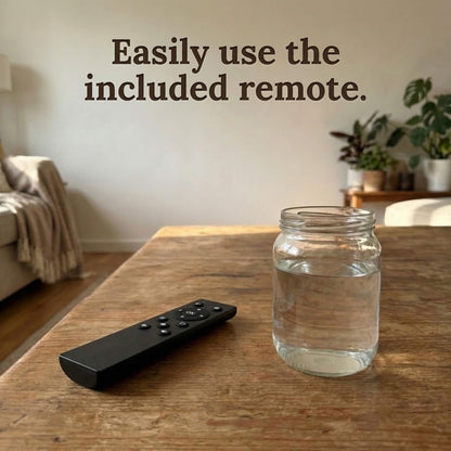A 20-inch black Family Frame photo sharing frame resting in the background, with its dedicated remote control highlighted on a rustic wooden coffee table. This large-format WiFi photo frame skips the touchscreen for a pristine, fingerprint-free viewing experience, utilizing a convenient remote for simple gallery navigation from across the room. Functioning as a high-end long-distance family gift, the digital display requires zero subscription fees to operate and enjoy.
