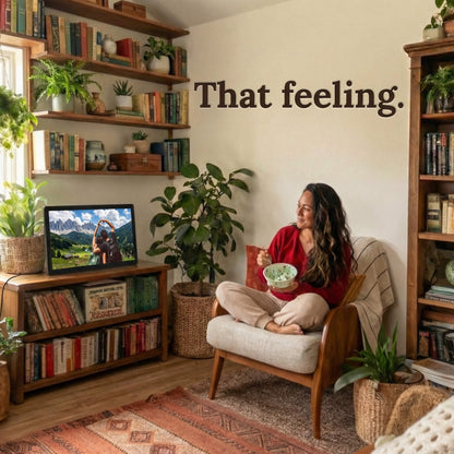A 20-inch black Family Frame WiFi photo frame mounted on a bookshelf-lined wall in a cozy home library setting. Crafted specifically as a heartwarming long-distance family gift, this oversized smart picture frame instantly receives new photos from loved ones living far away. It functions as a powerful digital memory display to consistently spark joy and combat loneliness through shared experiences.
