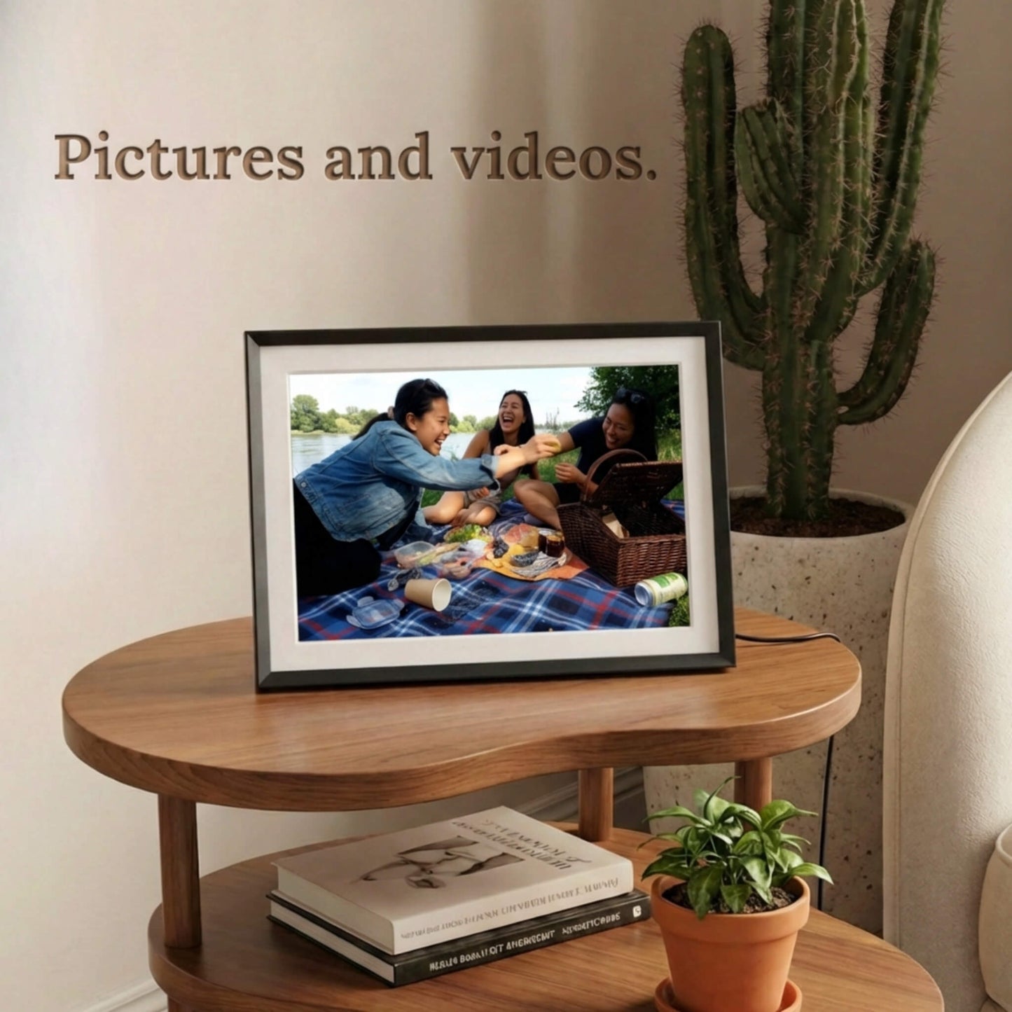A 10-inch classic black Family Frame digital memory display with an elegant white mat sitting comfortably on a modern, multi-tiered end table. Equipped with advanced processing, this premium digital picture frame seamlessly handles both high-definition photo and video playback to capture full memories. The robust photo sharing frame allows distant relatives to securely send video messages directly to the living room display.
