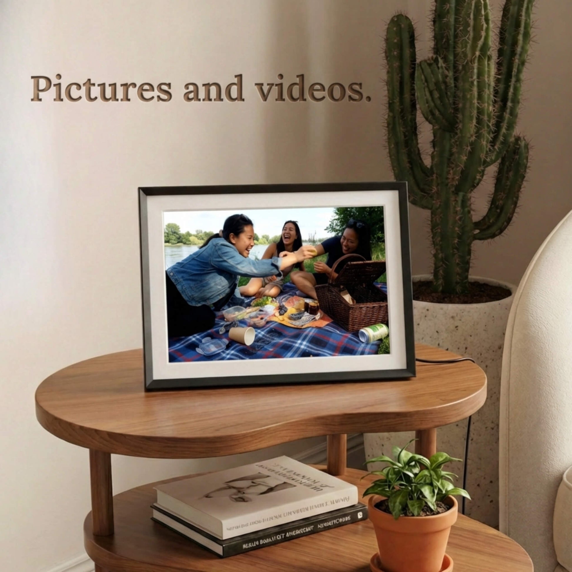 A 10-inch classic black Family Frame digital memory display with an elegant white mat sitting comfortably on a modern, multi-tiered end table. Equipped with advanced processing, this premium digital picture frame seamlessly handles both high-definition photo and video playback to capture full memories. The robust photo sharing frame allows distant relatives to securely send video messages directly to the living room display.
