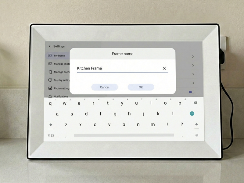 Close-up of an easy-to-use digital frame for family resting on a kitchen counter, displaying an intuitive touchscreen interface for naming the device so family members know exactly where they are sharing memories.