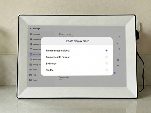 Photo display order settings on a smart digital photo frame, giving users complete control to sort family memories from newest to oldest, by sender, or in a random shuffle.
