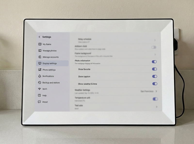 Display settings on a wireless picture frame featuring the ability to easily show or hide on-screen details like captions, sender names, and weather for a completely clean, uninterrupted viewing experience.

