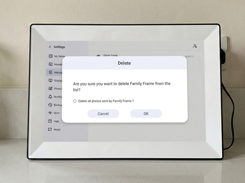 Intuitive user management interface on a cordless digital photo frame, showing how easily families can securely manage connections, invite new members, or remove users with a single tap.
