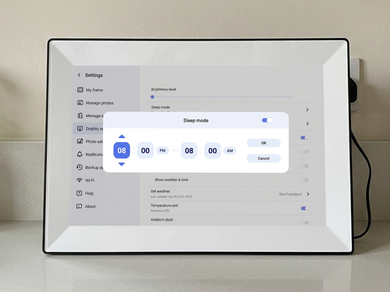 Sleep mode scheduling feature on a digital frame for grandparents, allowing users to easily set specific quiet hours so the screen automatically darkens while the house sleeps.
